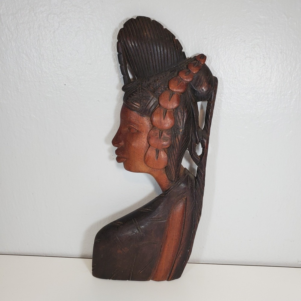 Wooden Carved Female 13" Bust Figure Hanging Home Decor Unkonwn Origins